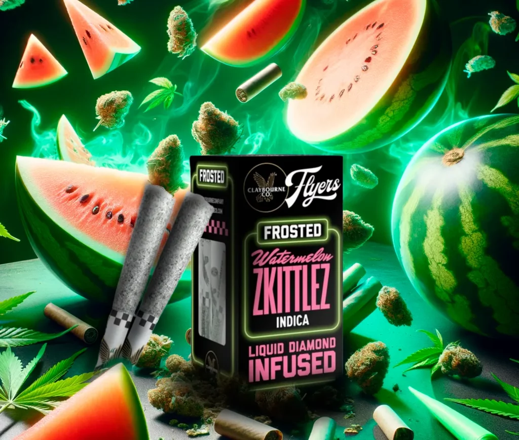 Watermelon Zkittlez Frosted Infused Prerolls Claybourne Co. Weed Delivery