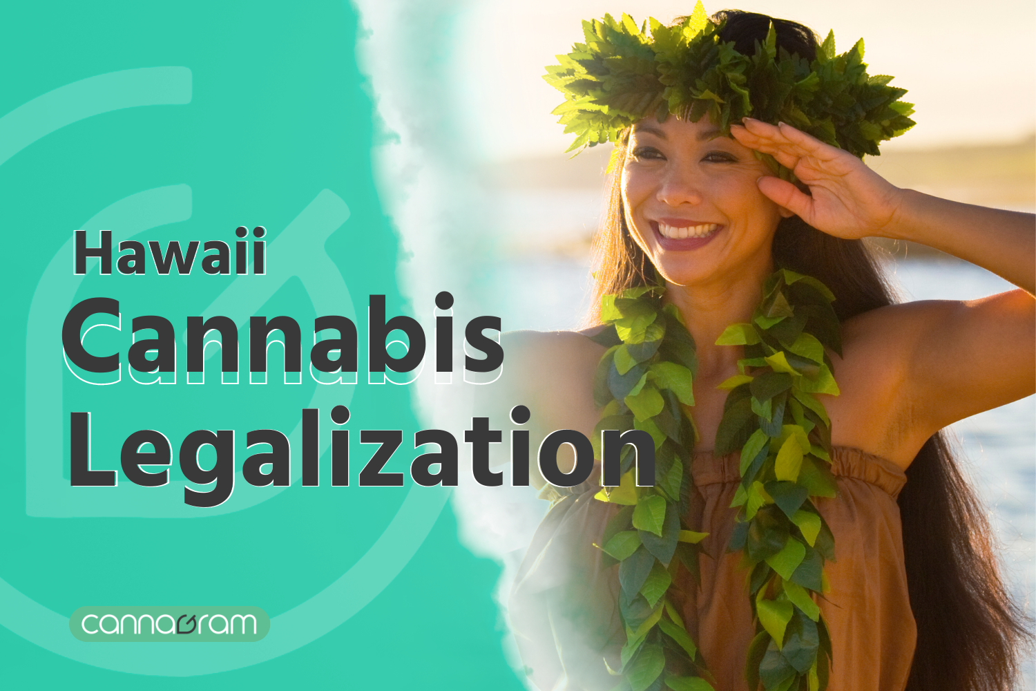 A Hawaiian woman with a radiant smile, wearing a traditional lei made of green leaves, salutes with her hand to her forehead, embodying the joy and spirit of Hawaii amidst news of cannabis legalization