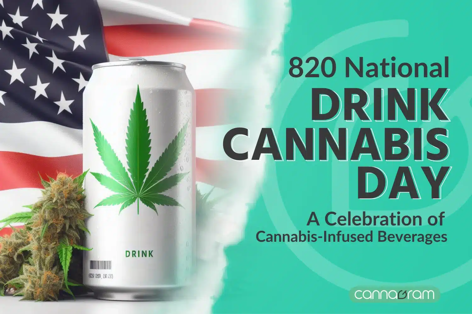 A cannabis-infused-drink-can-reminiscent-of-the-Cann-Drink-brand,-surrounded-by-marijuana-buds-and-featuring-the-United-States-flag-in-the-background.-It's-a -celebration-of-National-Cannabis-Drinking-Day-with-THC-drinks-CBD-drinks-and-more