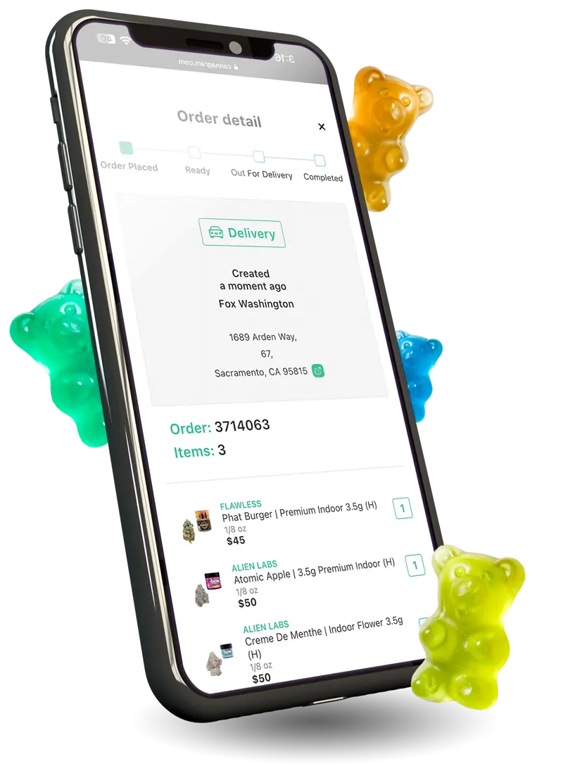 A smartphone with cannabis edibles camino gummies  , slide , weed app, Cannagram Delivery Service.