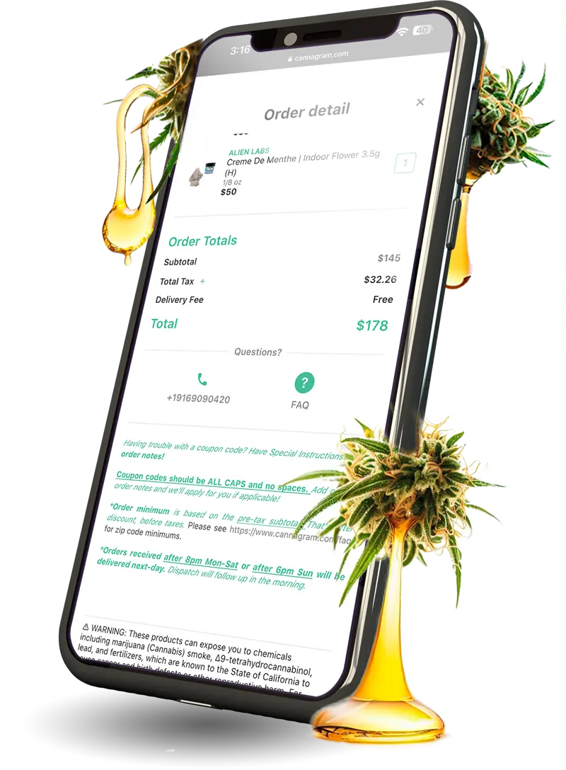 A smartphone with cannabis extracts, live rosin , slide , weed app, Cannagram Delivery Service.