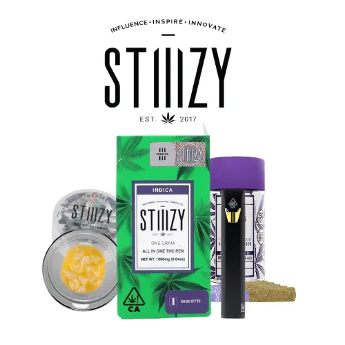 Selection of Stiiizy cannabis products, including a vape pod, a pre-roll jar, and concentrate packaging, with the Stiiizy logo above the products.