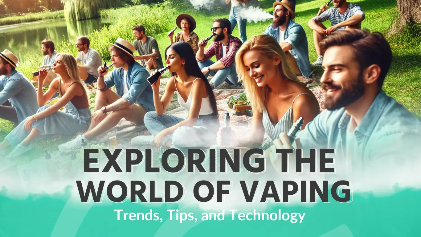 People enjoying vaping in a scenic outdoor setting, using modern vape devices, with greenery and a relaxed atmosphere, highlighting the social aspects of vaping. Weed Delivery Roseville