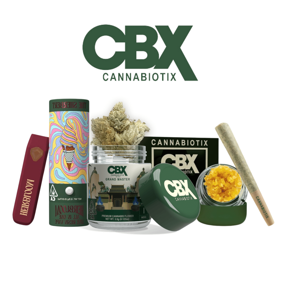 Selection of Cannabiotix (CBX) products, including cannabis flower, pre-rolls, concentrate, and branded packaging, with the CBX logo above.