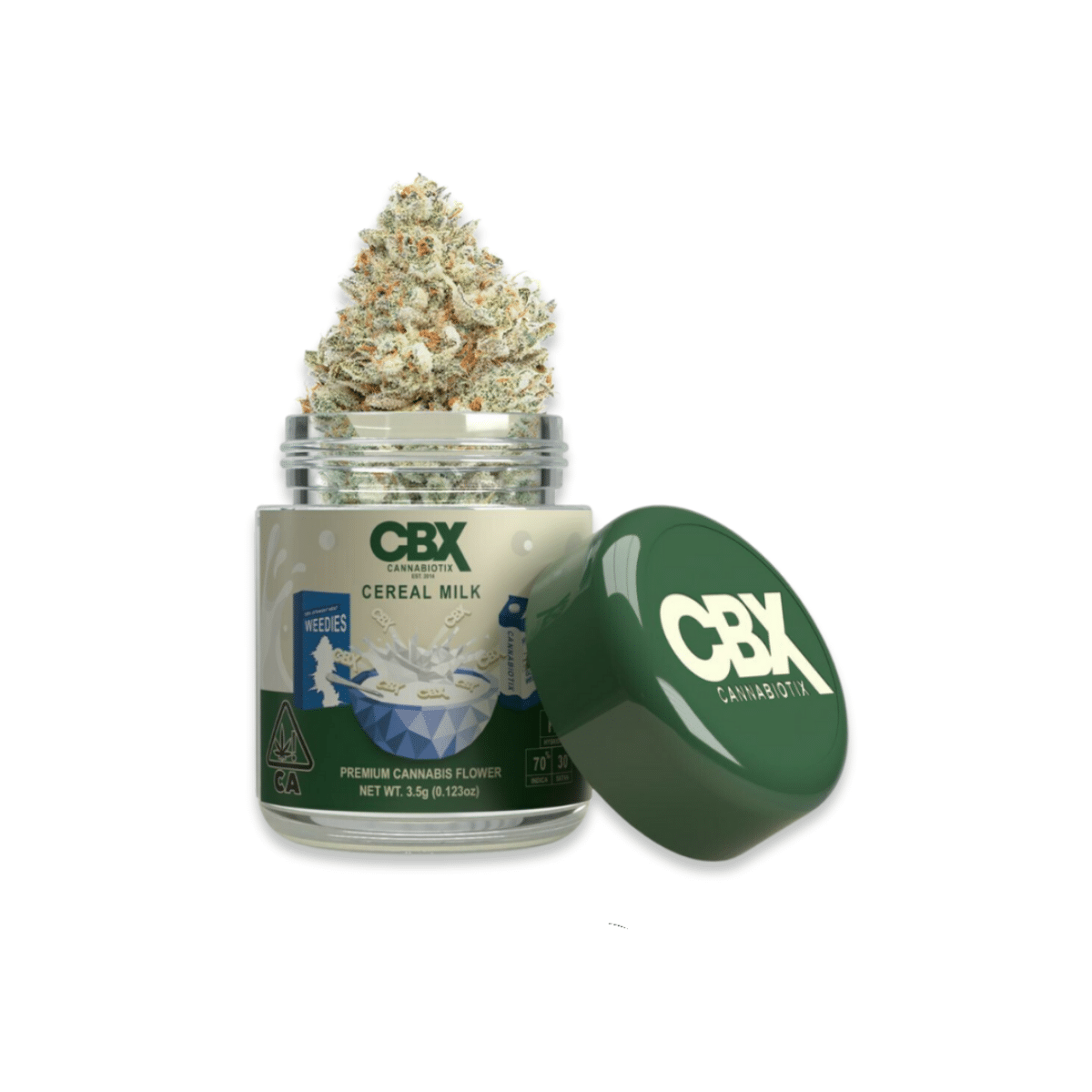 CBX Cereal Milk cannabis flower jar with lid and frosty cannabis buds.