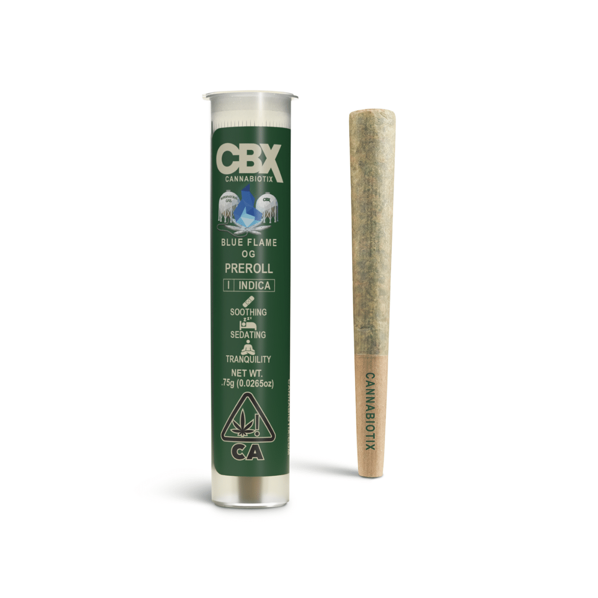 CBX Blue Flame OG Preroll packaging and cannabis joint.