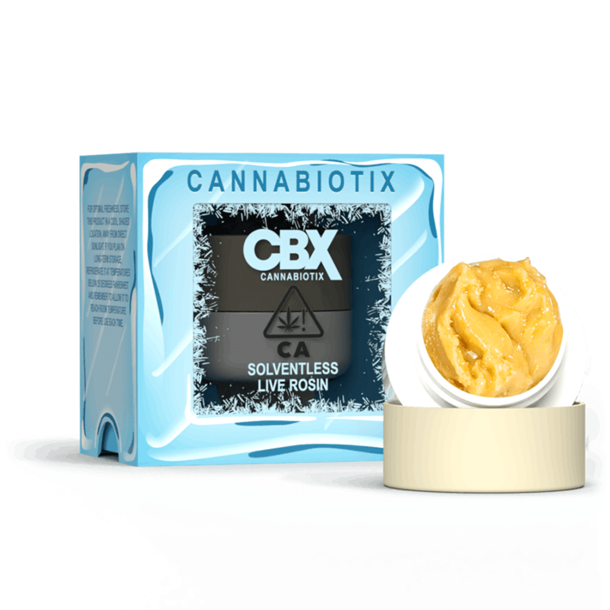 CBX Solventless Live Rosin packaging with a container of golden cannabis concentrate.