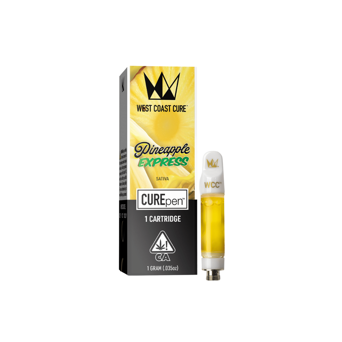 West Coast Cure Pineapple Express CUREpen cartridge packaging with a vape cartridge.