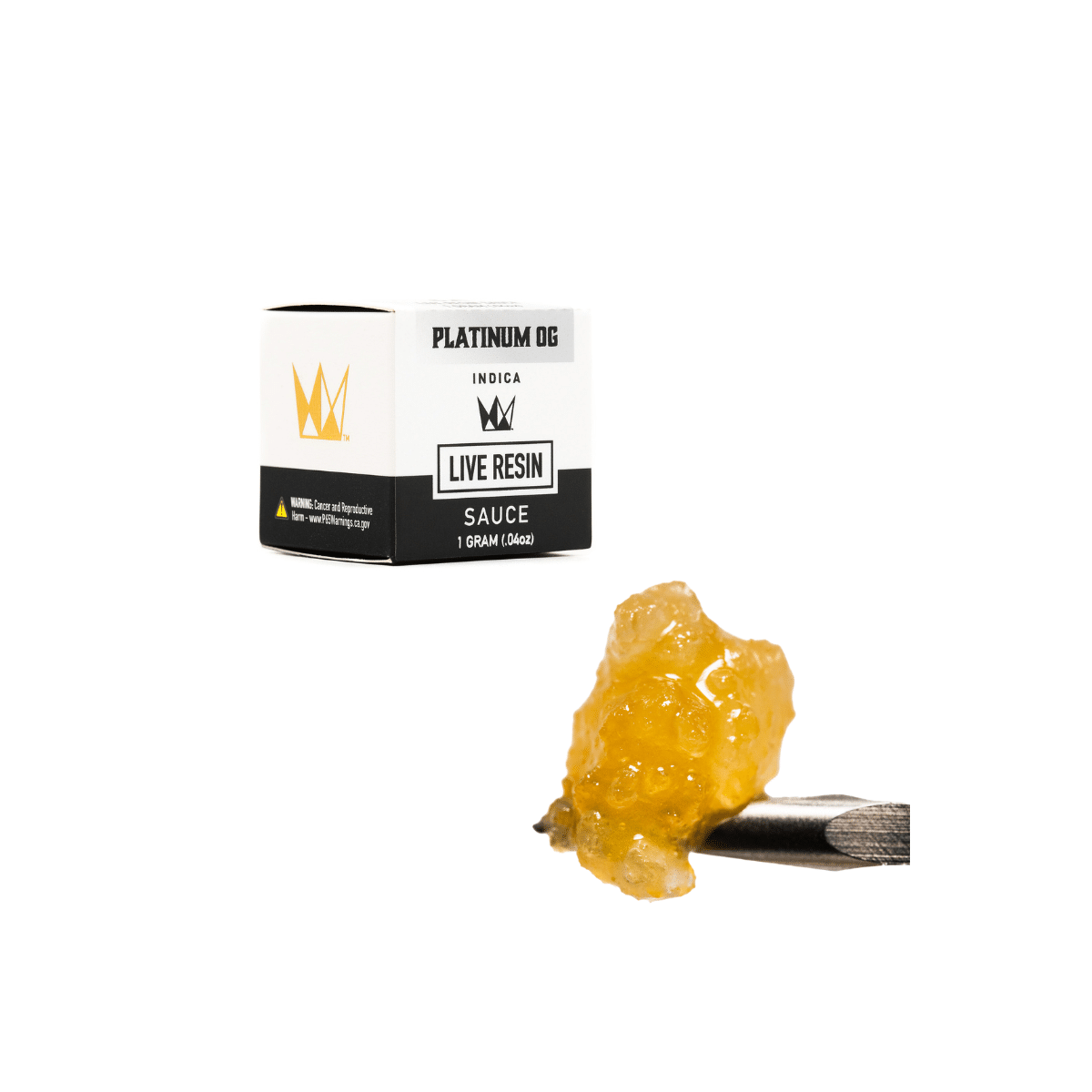 West Coast Cure Platinum OG Live Resin Sauce packaging with a sample of cannabis concentrate.