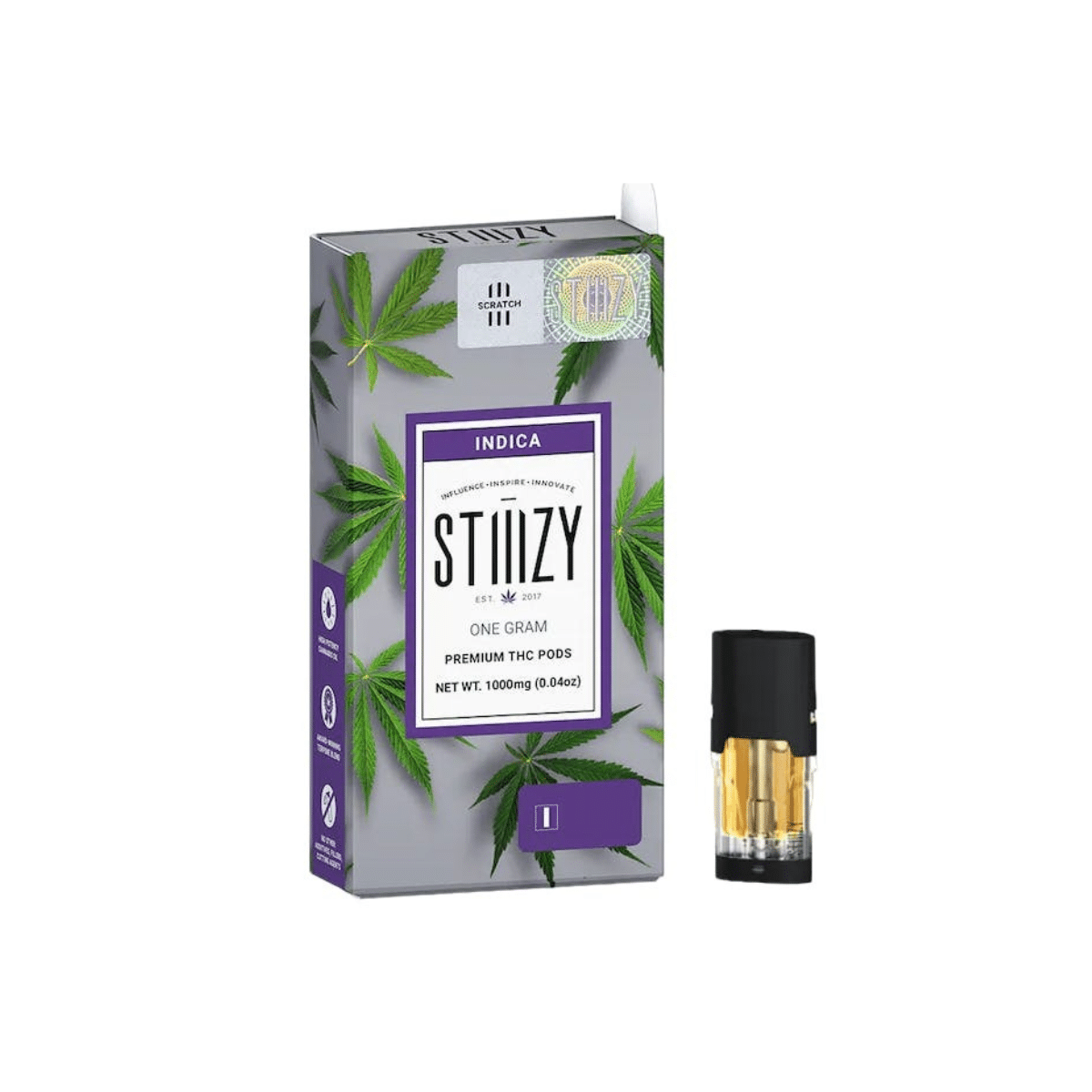 Stiiizy Indica vape pod with packaging featuring cannabis leaf design, available for delivery in Sacramento.