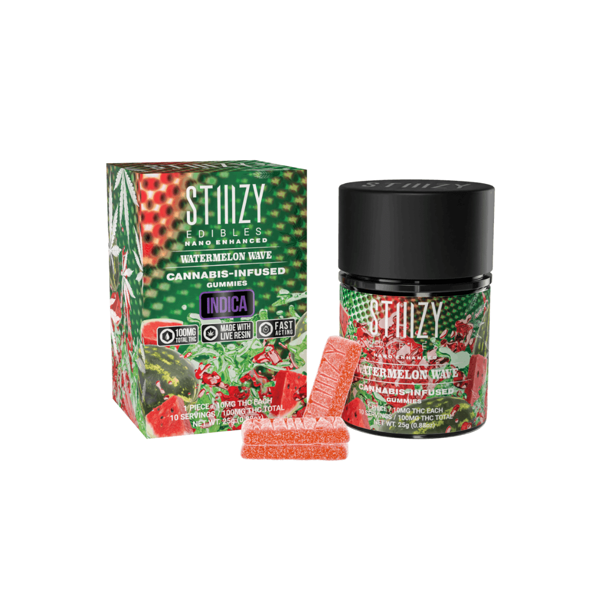 Stiiizy Watermelon Z Indica cannabis-infused gummies with packaging, available for delivery in Sacramento