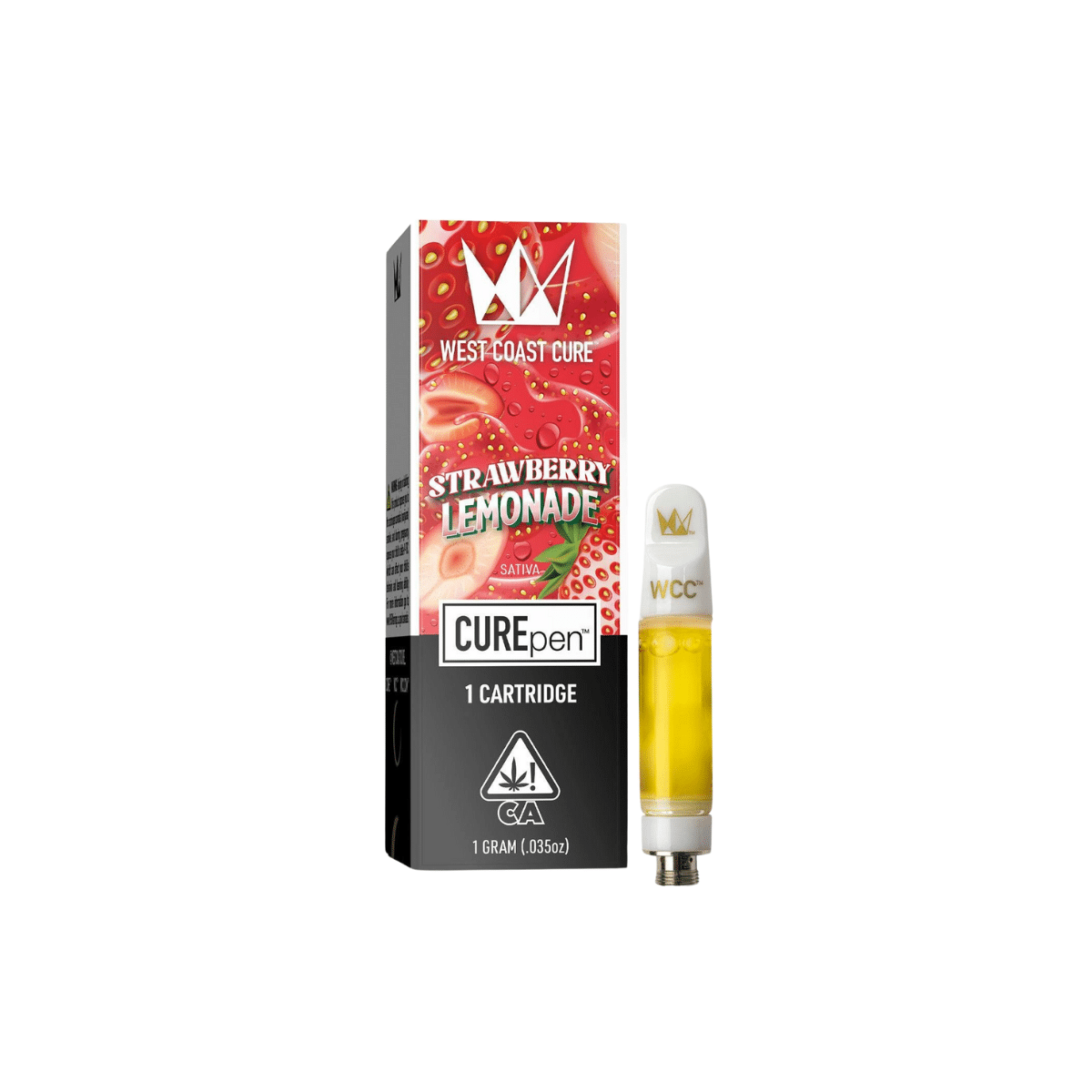 West Coast Cure Strawberry Lemonade CUREpen cartridge packaging with a vape cartridge.