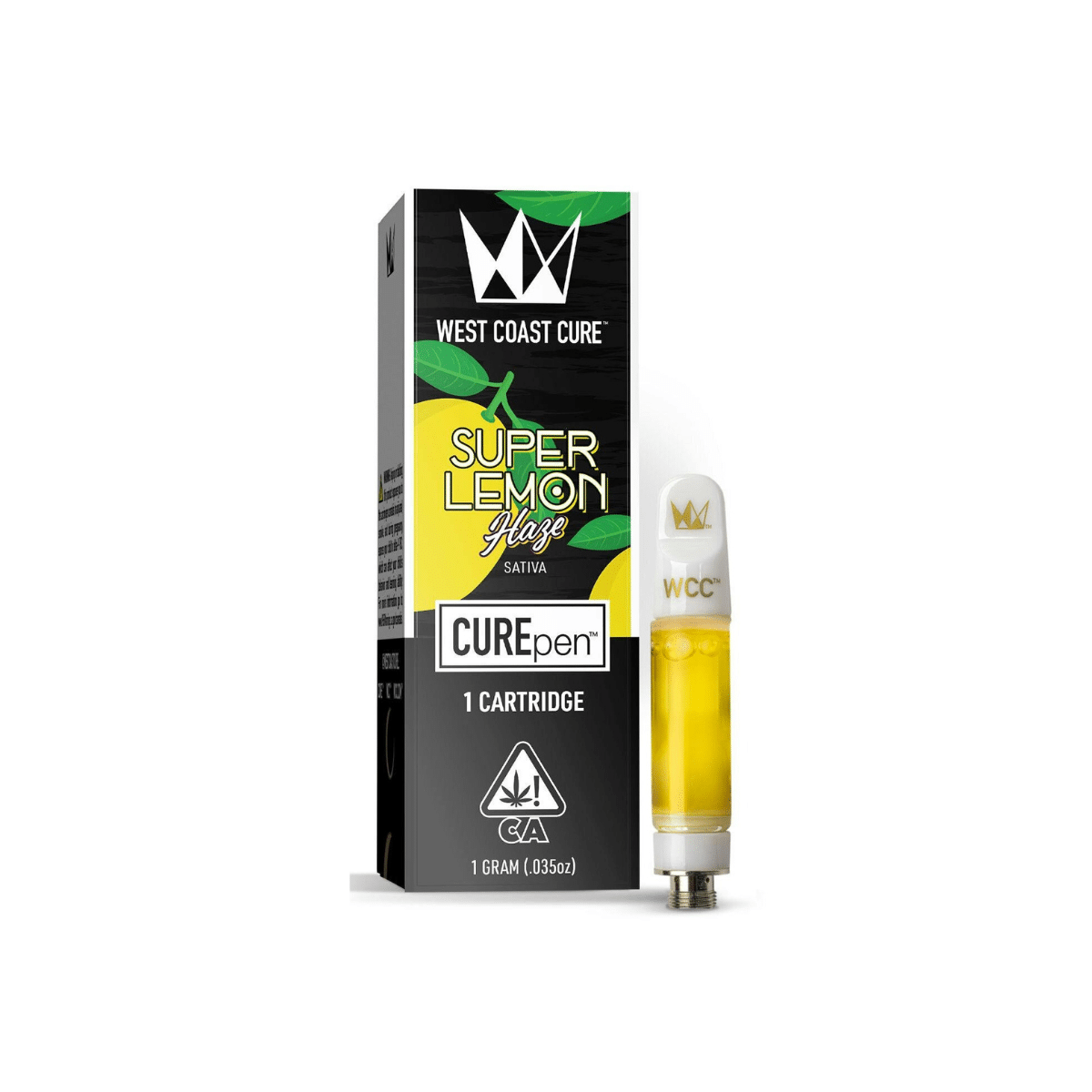 West Coast Cure Super Lemon Haze CUREpen cartridge packaging with a vape cartridge.