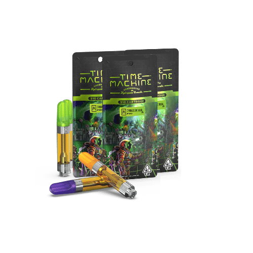 Image of Time Machine Vape Cartridges with cannabis extract, featuring vibrant packaging.