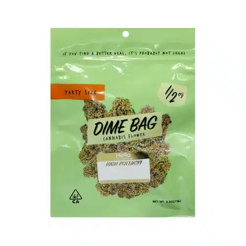 Dime Bag cannabis flower 1/2 oz party size packaging.