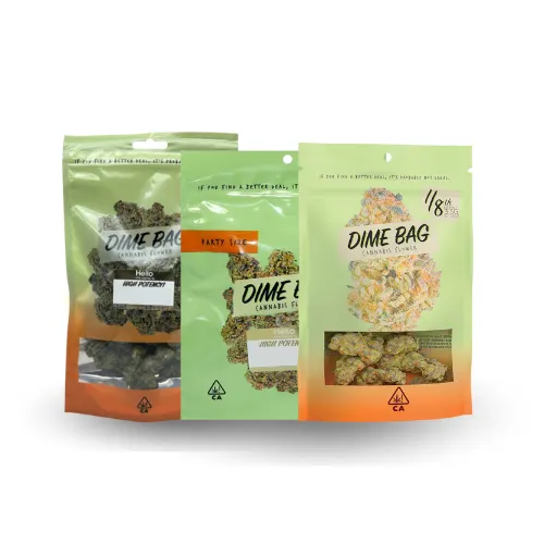 Dime Bag cannabis flower packaging in different sizes.