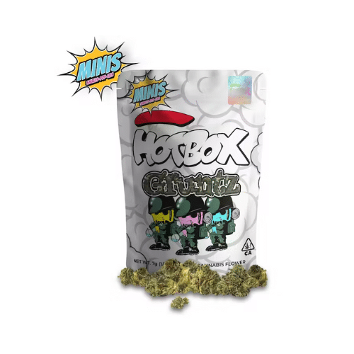 Image of HotBox Gruntz cannabis flower with packaging, featuring a sweet and citrusy Indica strain.