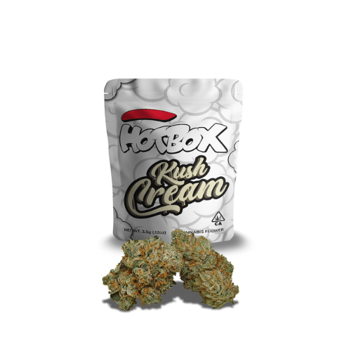 Image of HotBox Kush Cream cannabis flower with packaging, showcasing premium buds from the Kush Cream strain.