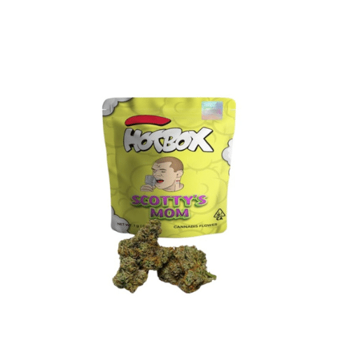 Image of HotBox Scotty's Mom cannabis flower with distinctive packaging, highlighting the potent Indica strain.