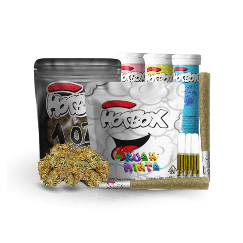 A selection of HotBox cannabis products, including flower, pre-rolls, and vape cartridges available for delivery in Sacramento.