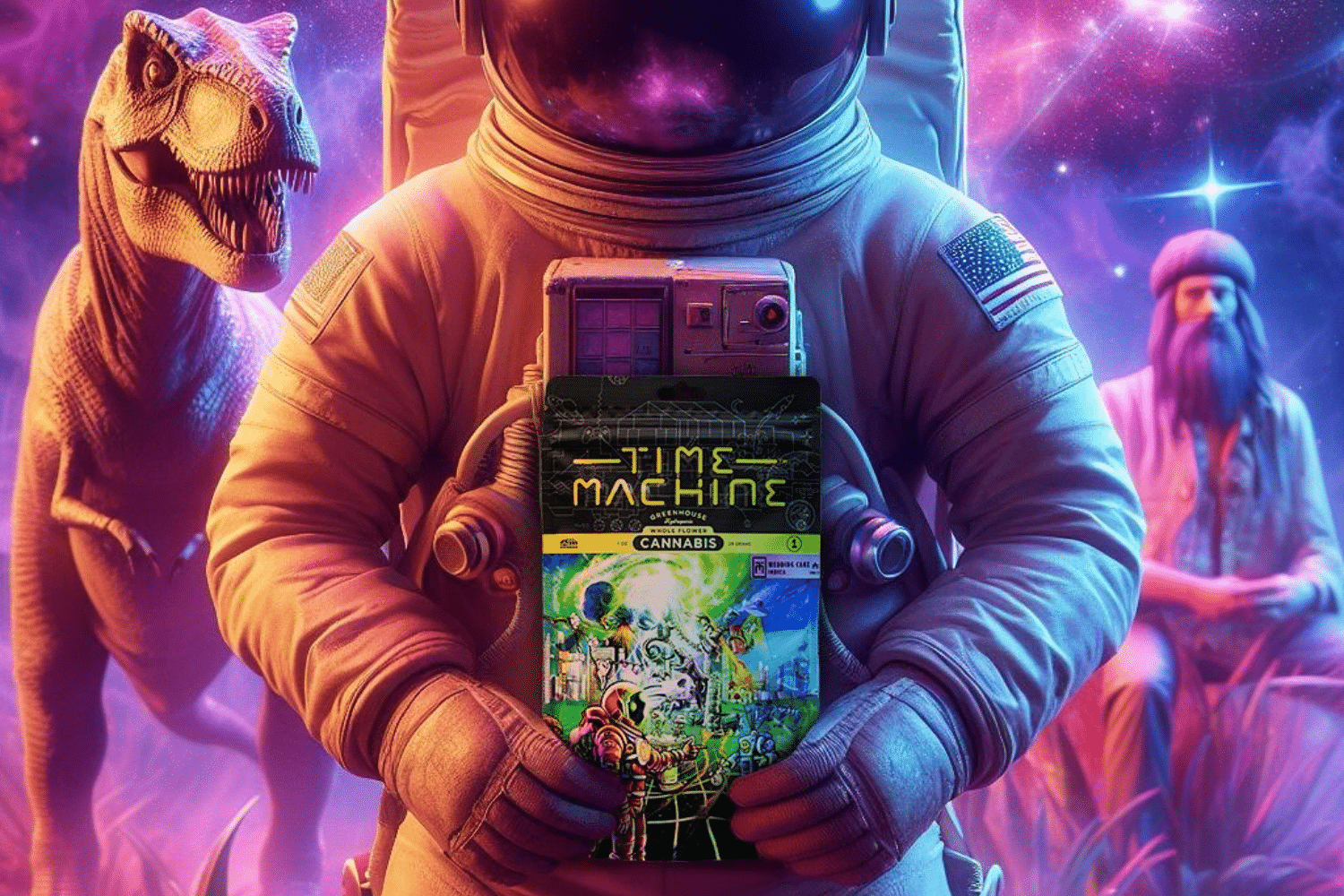 Astronaut holding Time Machine cannabis product, promoting updates and offers.