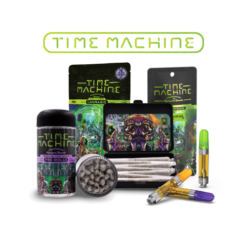 A collection of Time Machine cannabis products, including pre-rolls, vapes, and packaged cannabis, all featuring the brand's distinctive futuristic and space-themed packaging.