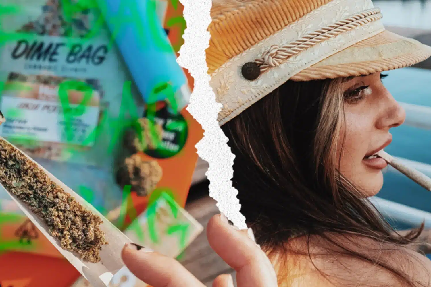 Woman smoking a Dime Bag pre-roll with cannabis products in the background.