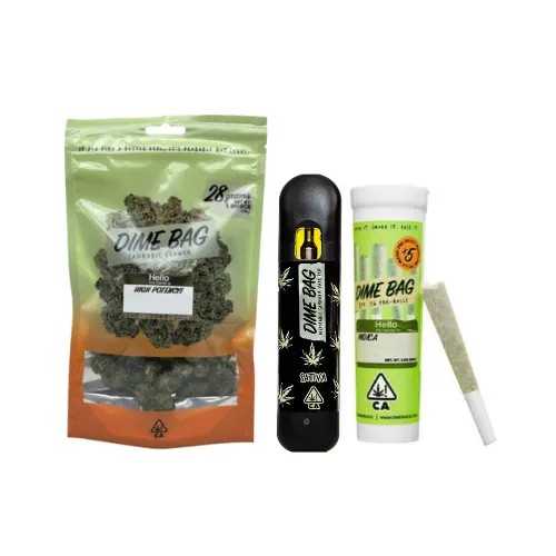 Dime Bag cannabis product lineup featuring flower, vape, and pre-roll.