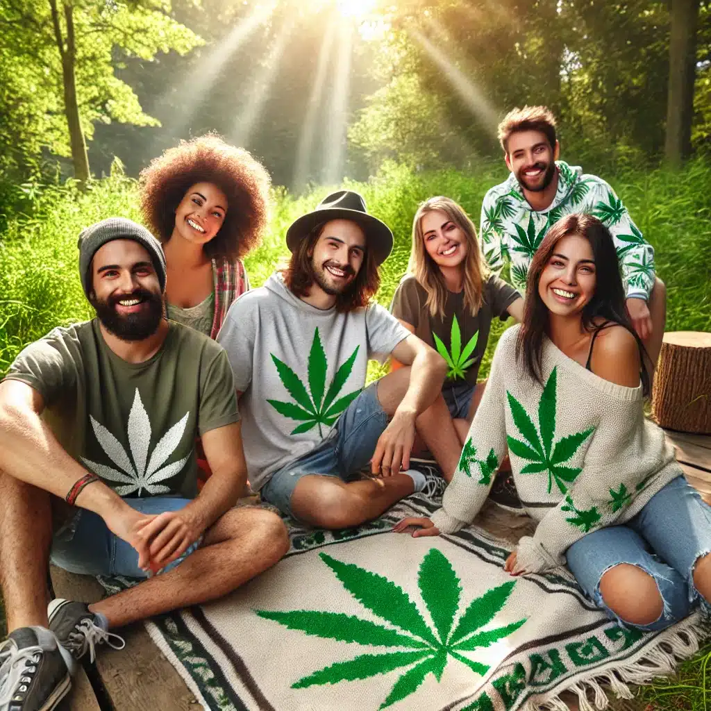 Group of friends enjoying cannabis outdoors, symbolizing High Grade Farms' community vibe.