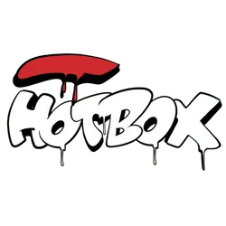 Graffiti-style 'HOTBOX' logo with dripping effect and red accent on top - Cannagram California.