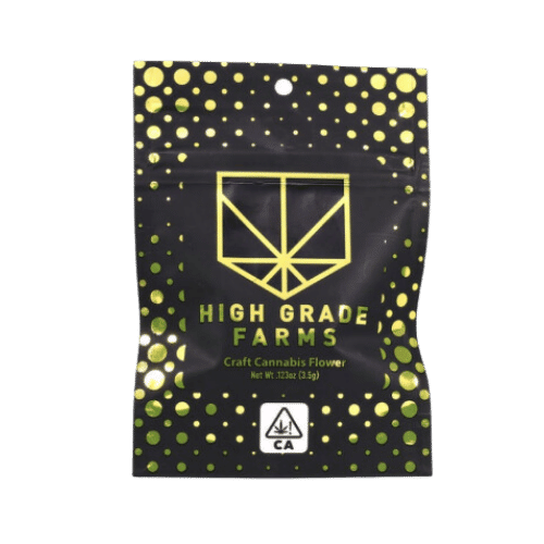 High Grade Farms Butter Pecan strain in a sleek, branded pouch, offering craft cannabis quality.