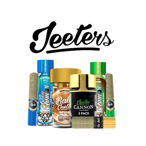 Assorted Jeeter products in various packaging styles, available for weed delivery in Sacramento via Cannagram.