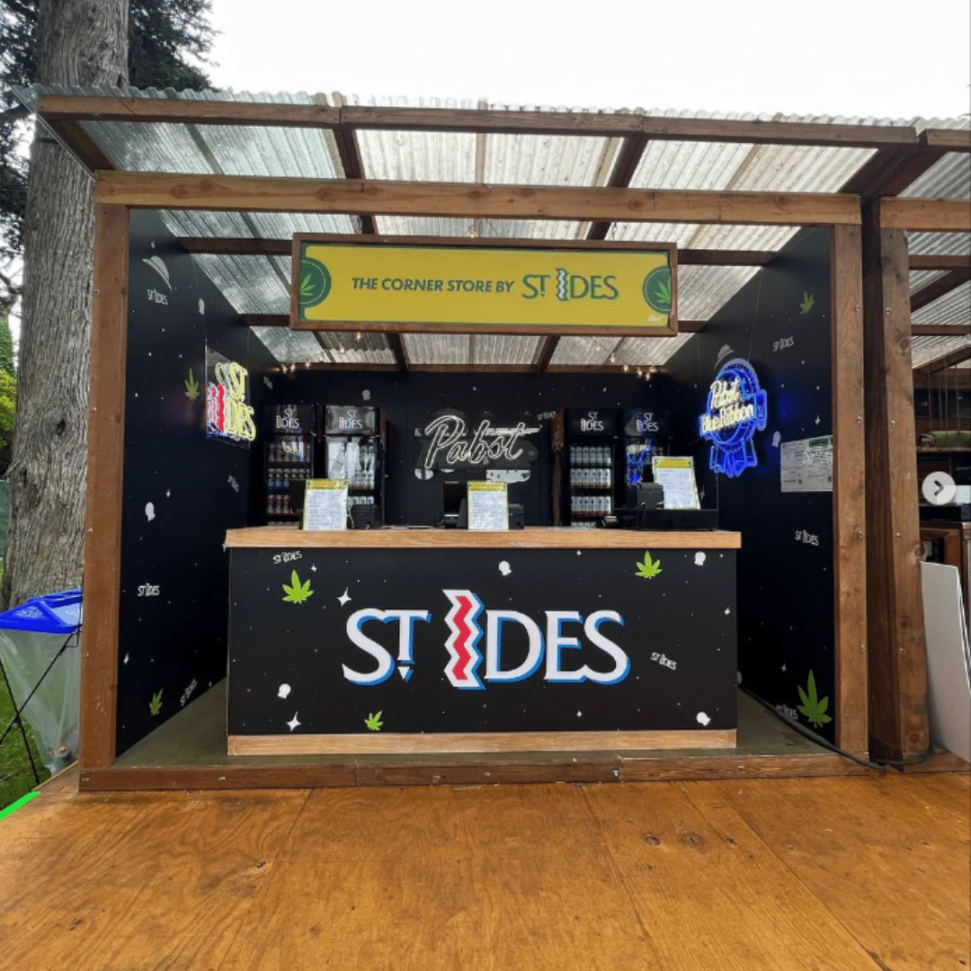 St Ides delivery stand showcasing cannabis products available through Cannagram's delivery service