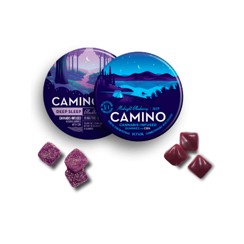 Kiva Camino cannabis-infused gummies for sleep, featuring Deep Sleep and Midnight Blueberry flavors.