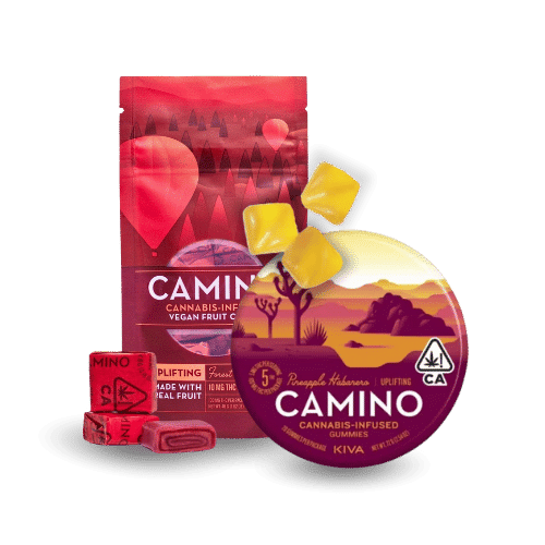 Kiva Camino cannabis-infused gummies in Pineapple Habanero and Fresh Fruit flavors.