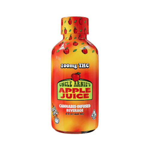 Uncle Arnie's Apple Juice bottle showcasing 100mg THC, offering a crisp apple flavor and a potent cannabis experience.