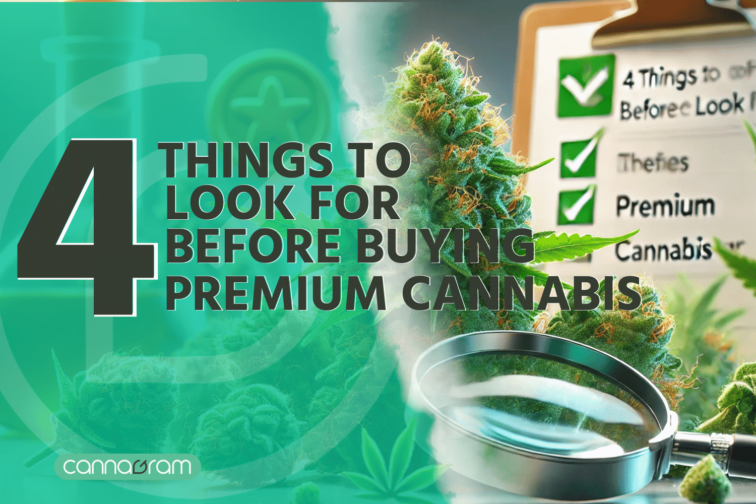 A checklist and magnifying glass with premium cannabis flower, illustrating four things to consider before buying high-quality cannabis, with Cannagram logo.