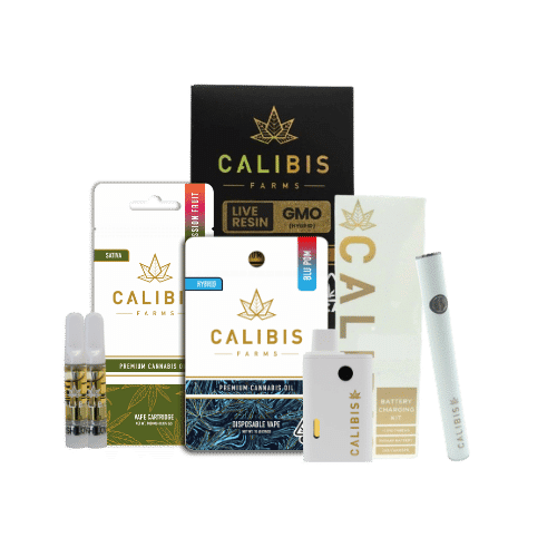 Display of Calibis Farms premium cannabis vape products, including cartridges and disposable vapes, crafted for an exceptional vaping experience.