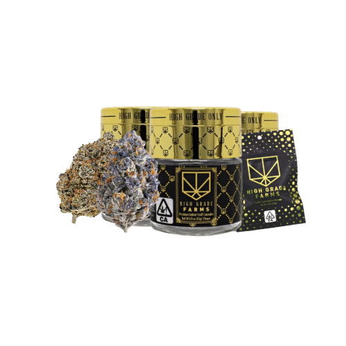 Black Runtz indoor flower from High Grade Farms, featuring premium cannabis buds in gold packaging, cultivated for top-tier quality.