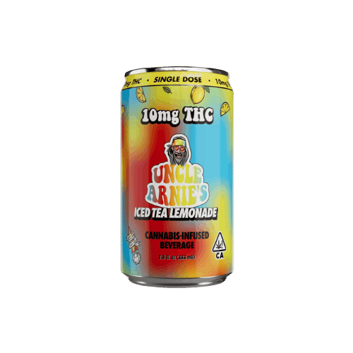 Uncle Arnie's Iced Tea Lemonade can featuring 100mg THC, blending tangy lemonade and mellow tea for a refreshing cannabis drink.