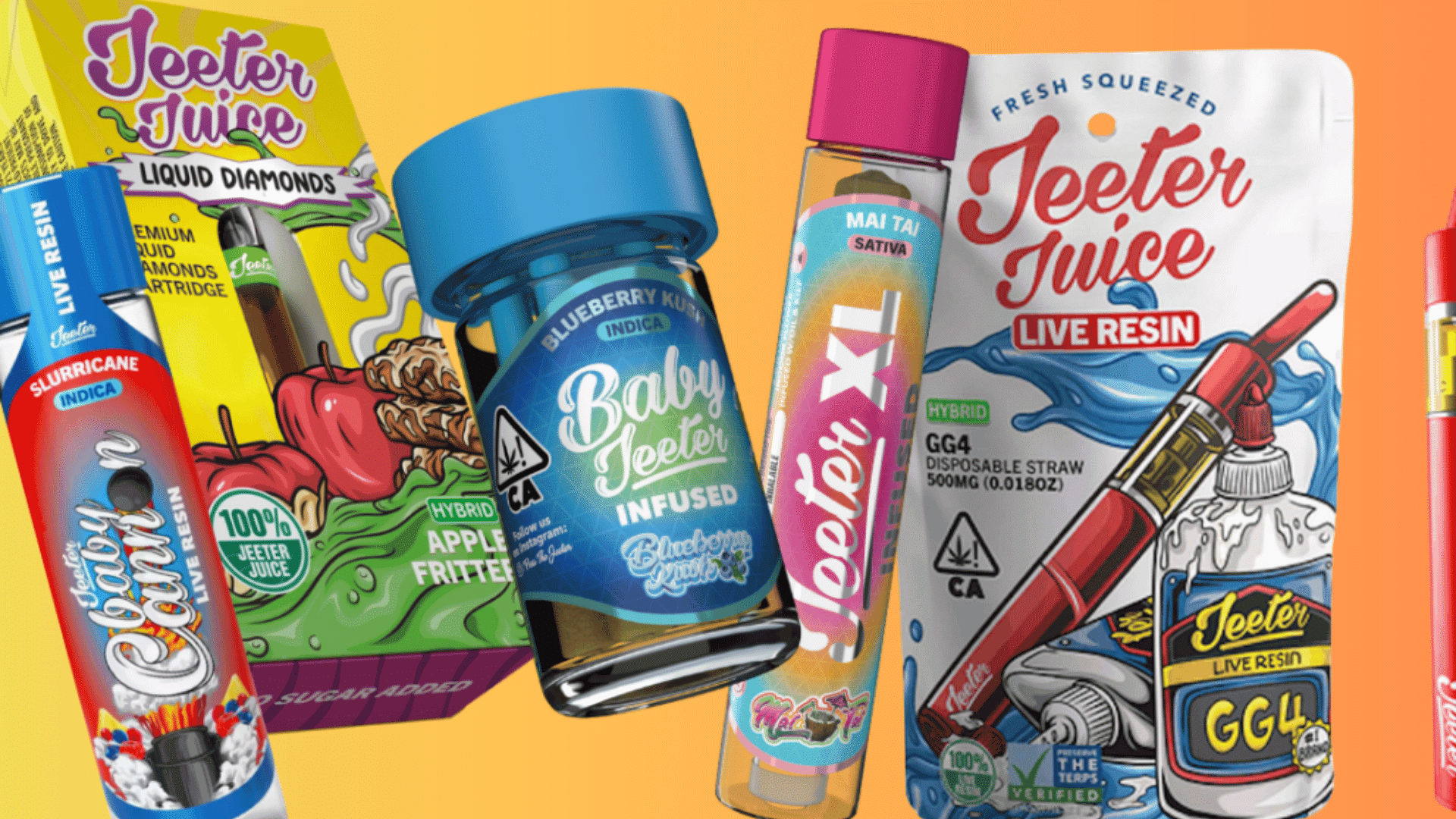 A colorful selection of Jeeter Juice and Baby Jeeter cannabis products, including Live Resin, Liquid Diamonds cartridges, and infused pre-rolls, showcasing popular flavors like Slurricane, Blueberry Kush, and Apple Fritter.