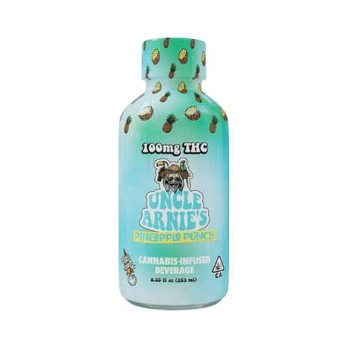 Uncle Arnie's Pineapple Punch bottle highlighting 100mg THC, delivering a tropical pineapple flavor with fast-acting effects.