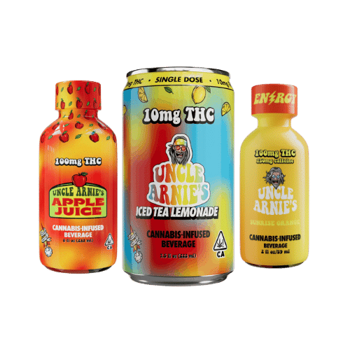 A lineup of Uncle Arnie's cannabis-infused beverages, featuring Apple Juice, Iced Tea Lemonade, and Energy drinks, showcasing bold flavors and THC potency.