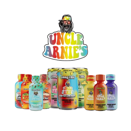 A display of Uncle Arnies cannabis-infused beverages, featuring a vibrant variety of bottles and cans, including Iced Tea Lemonade, Pineapple Punch, and Watermelon Wave, highlighting the brand's colorful packaging and diverse product offerings.