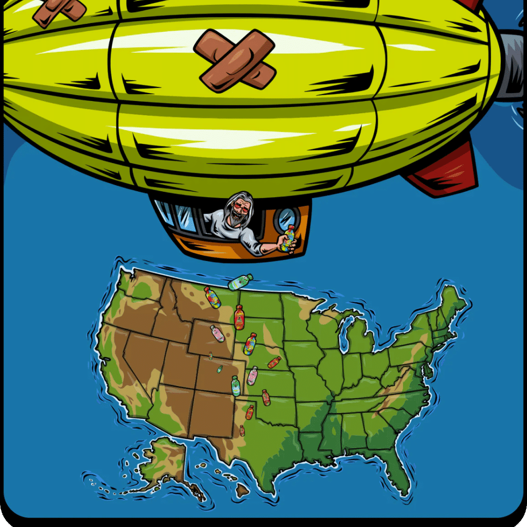 Illustrated map of the United States with Uncle Arnie flying in a blimp, highlighting cannabis delivery service areas like Sacramento, Roseville, and Citrus Heights.