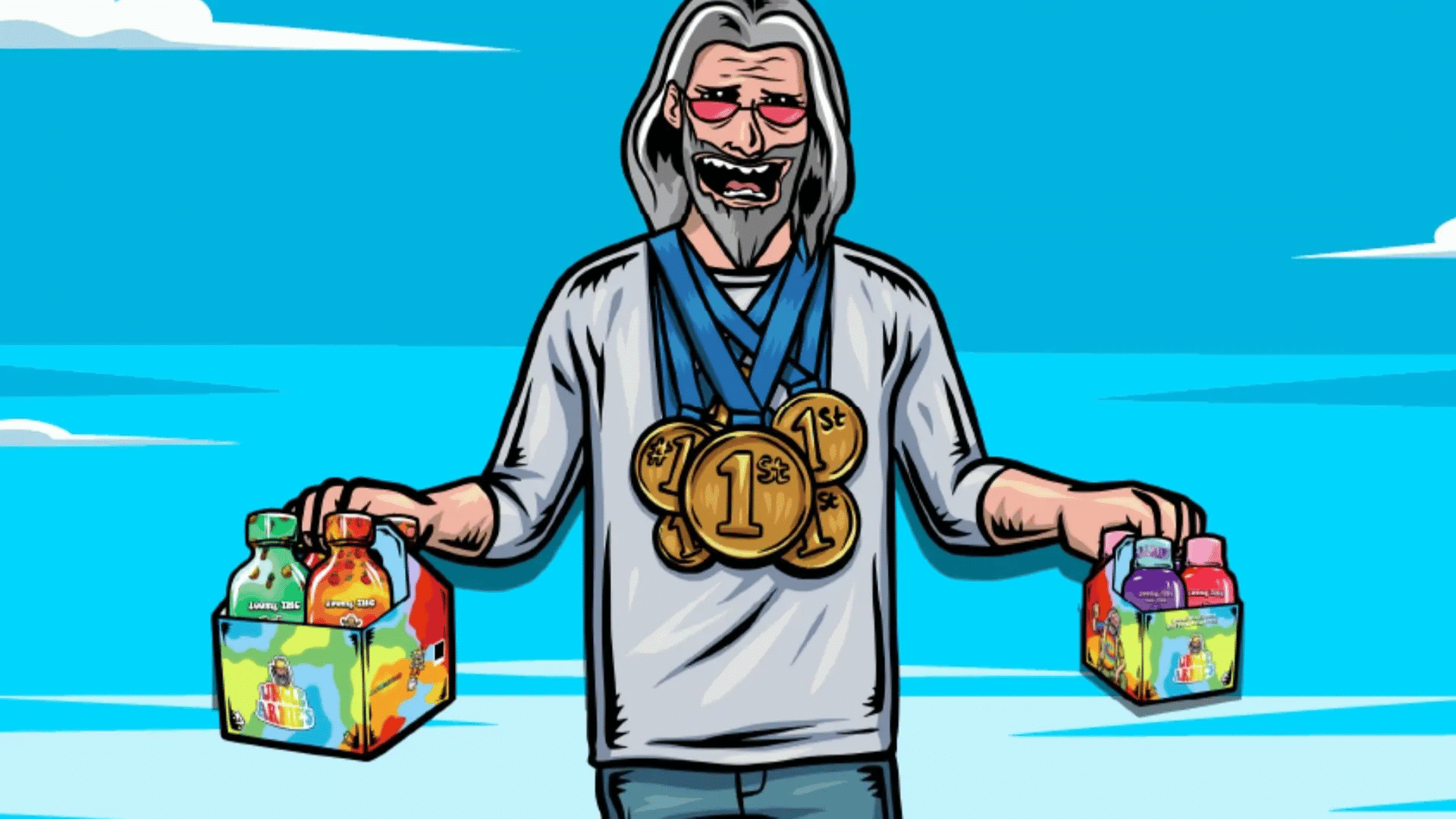 Cartoon illustration of Uncle Arnie holding cannabis-infused beverages with a medal around his neck, representing the brand's excellence in cannabis beverages.