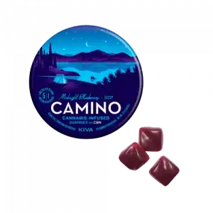 Kiva Camino Gummies packaging for Midnight Blueberry flavor with 100mg THC.