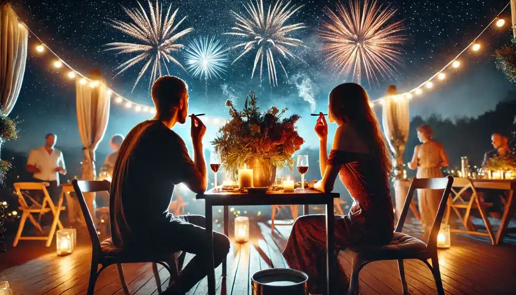 A couple enjoying cannabis products outdoors under a starry sky with fireworks in the background, surrounded by warm string lights, candles, and an elegant party setting.