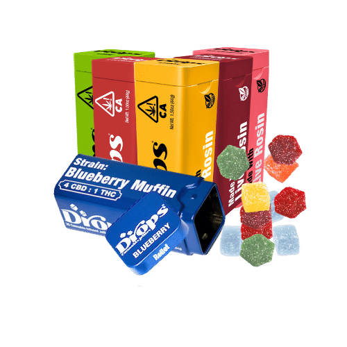 A variety of colorful Drops cannabis-infused edibles packages displayed alongside gummy pieces in different flavors and shapes.