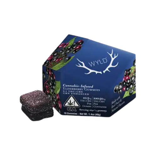 Wyld Elderberry cannabis-infused gummies in indica formulation, featuring rich elderberry-themed packaging.